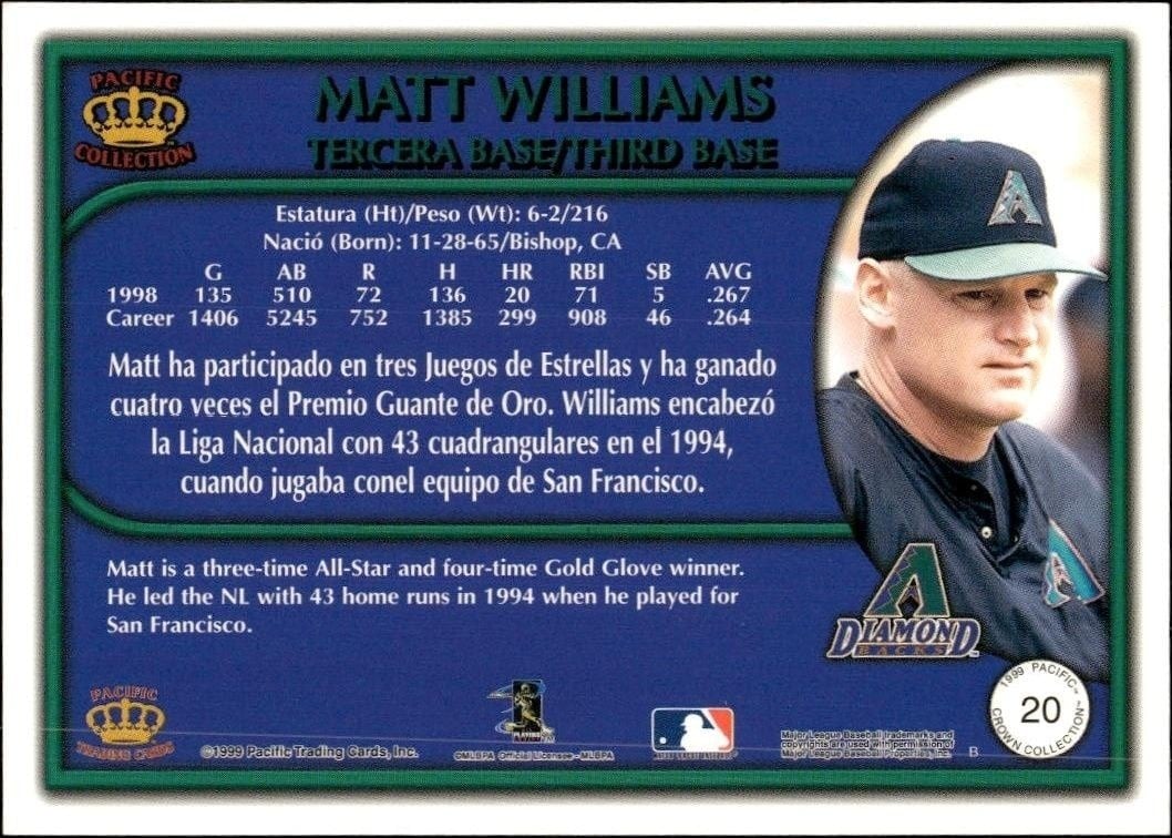 1999 Pacific Crown Collection Matt Williams #20 baseball trading card back