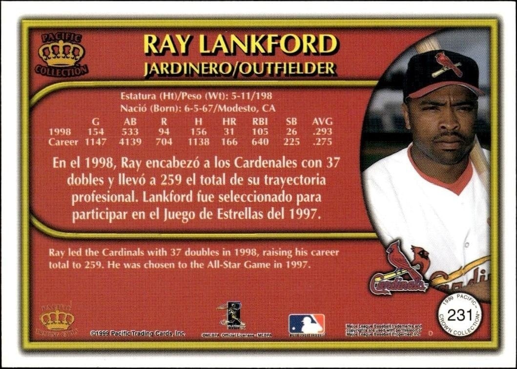 1999 Pacific Crown Collection Ray Lankford #231 baseball trading card back