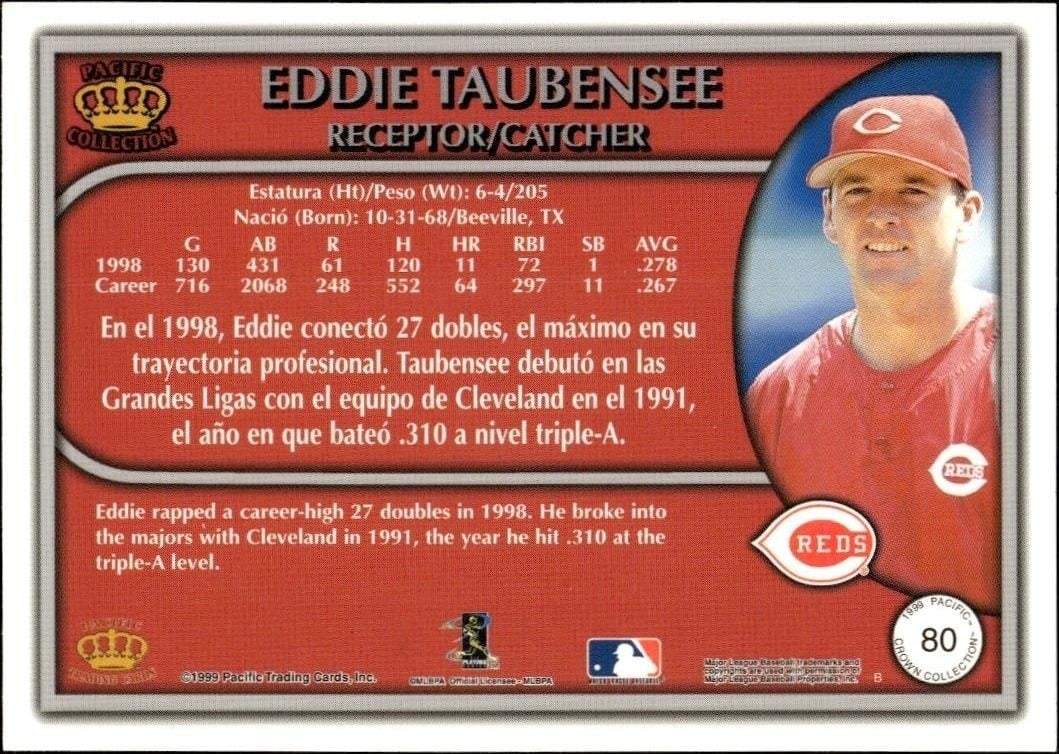 1999 Pacific Crown Collection Eddie Taubensee #80 baseball trading card back