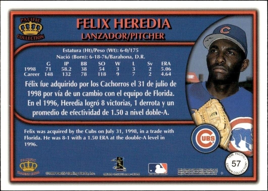 1999 Pacific Crown Collection Felix Heredia #57 baseball trading card back