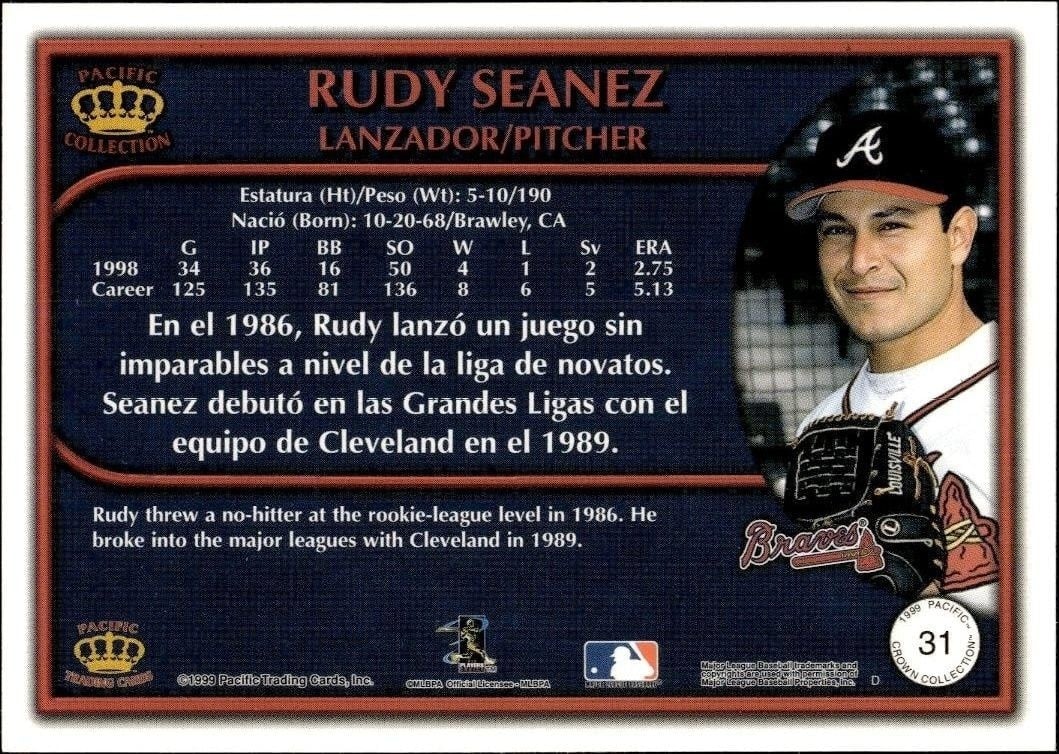1999 Pacific Crown Collection Rudy Seanez #31 baseball trading card back