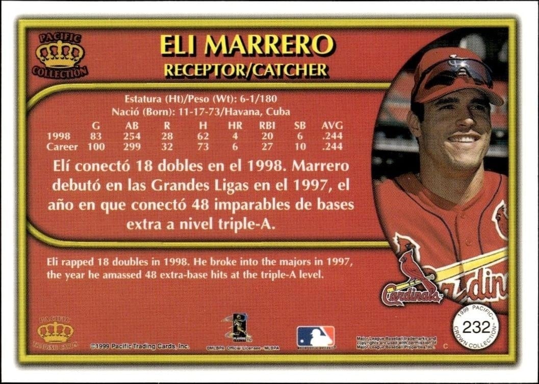 1999 Pacific Crown Collection Eli Marrero #232 baseball trading card back