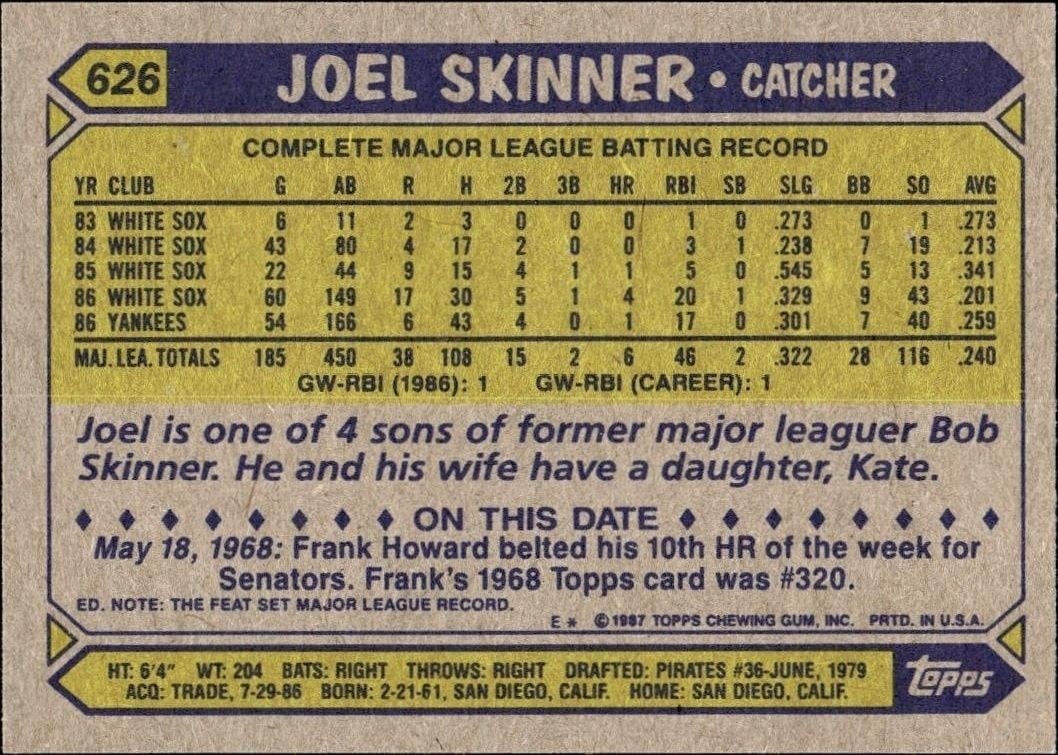 1987 Topps Joel Skinner #626 baseball trading card back