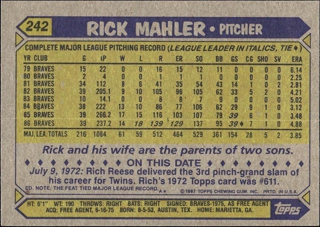 1987 Topps Rick Mahler #242 baseball trading card back