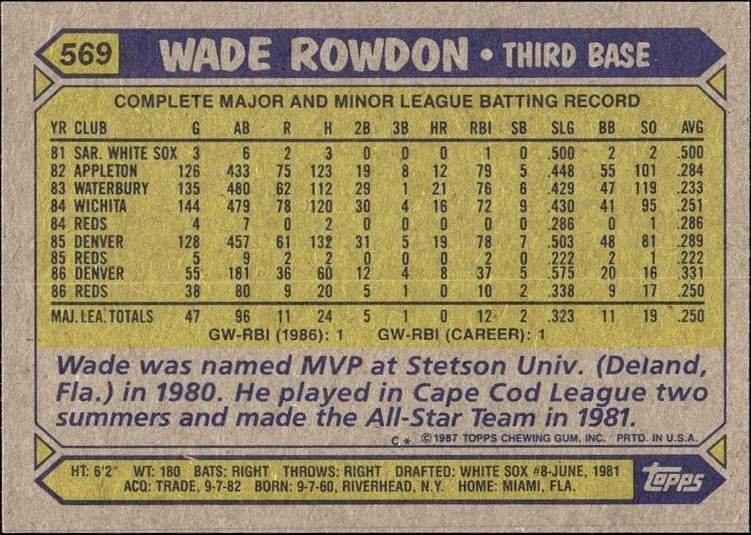 1987 Topps Wade Rowdon #569 baseball trading card back