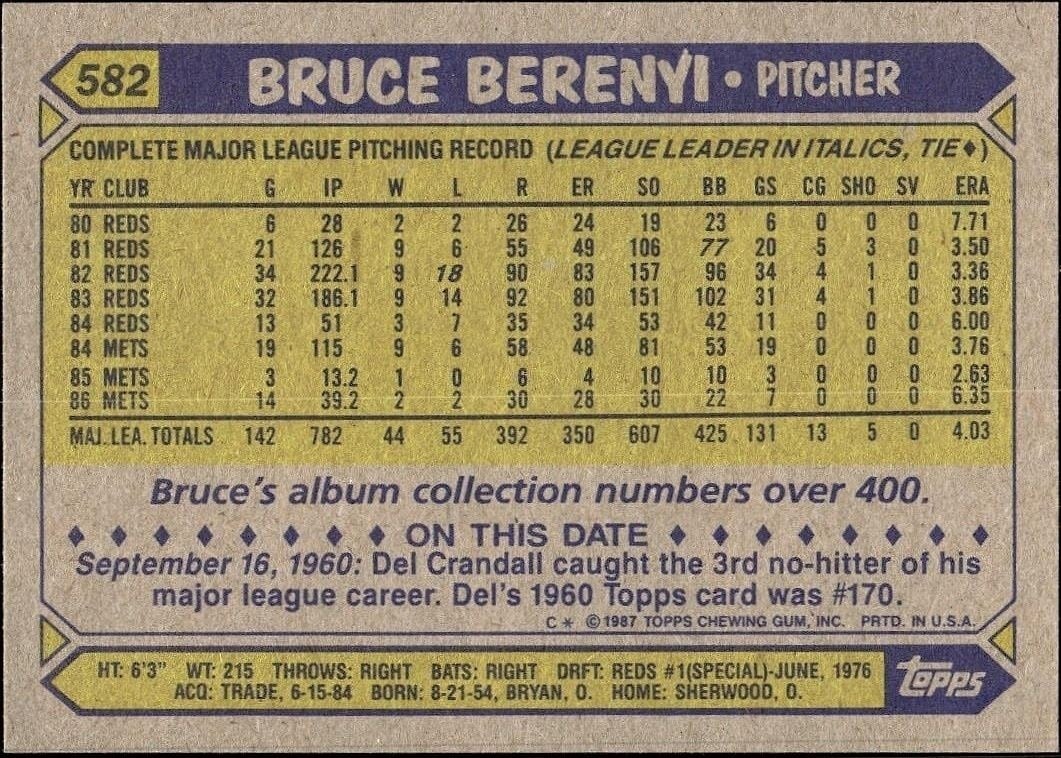 1987 Topps Bruce Berenyi #582 baseball trading card back