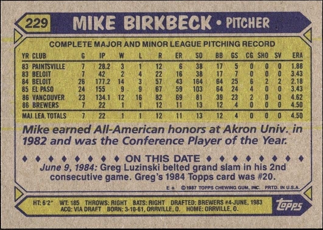 1987 Topps Mike Birkbeck #229 baseball trading card back