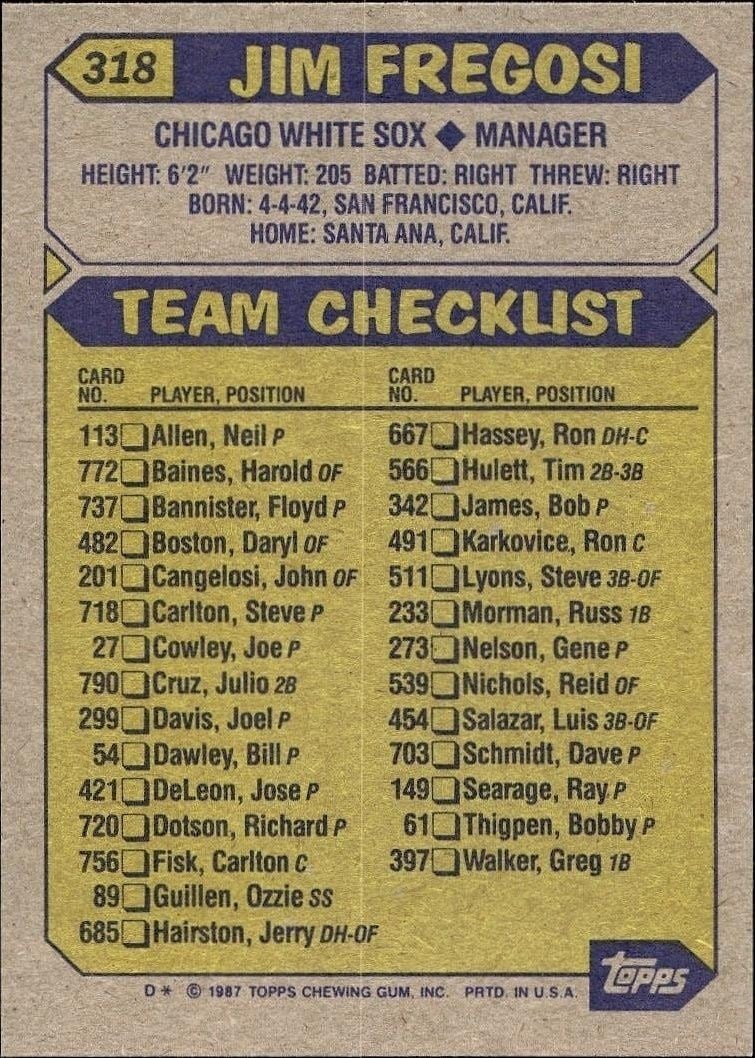 1987 Topps Jim Fregosi #318 baseball trading card back
