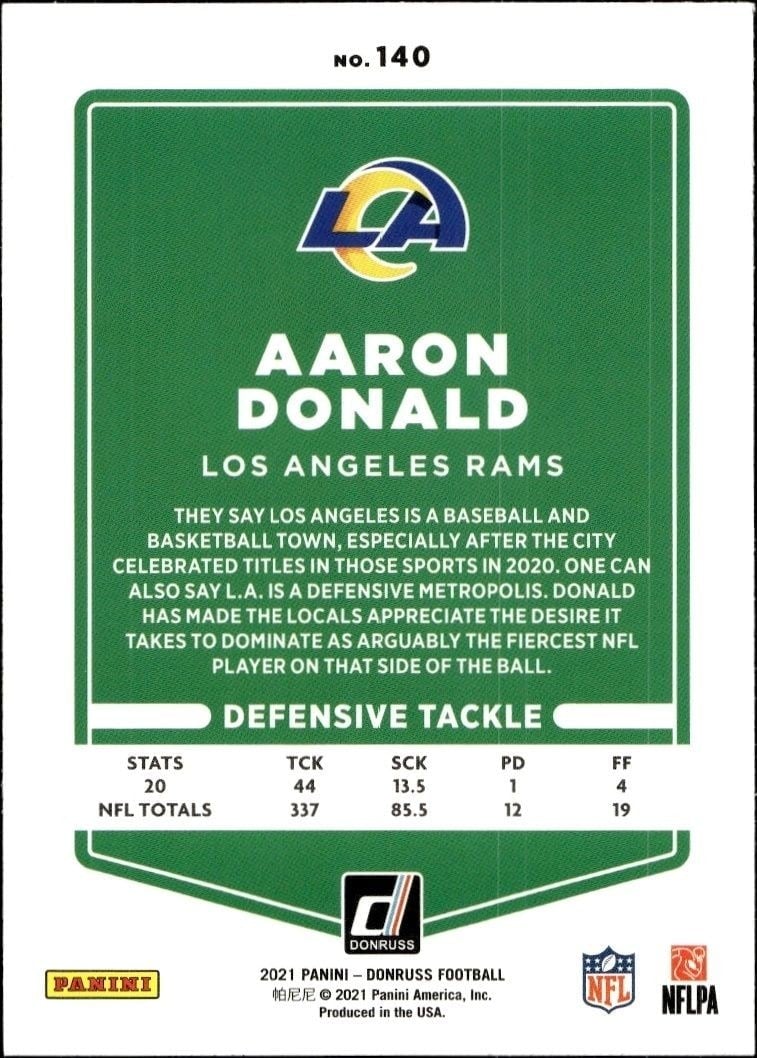 2021 Panini Donruss Aaron Donald #140 football trading card back