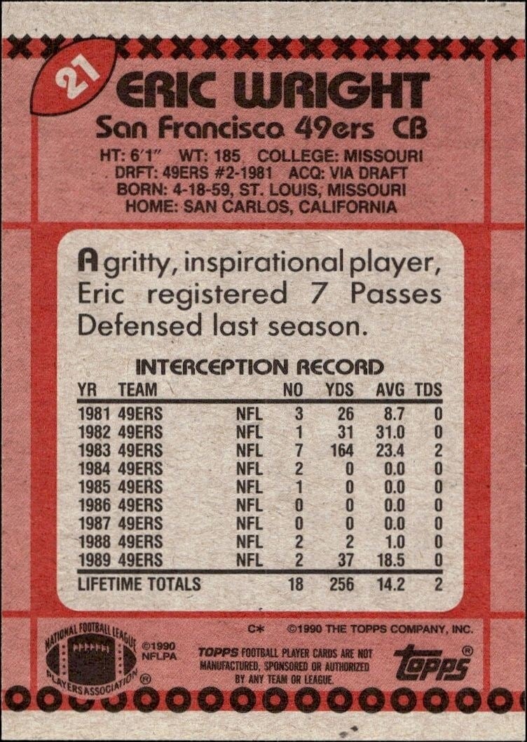 1990 Topps Eric Wright #21 football trading card back