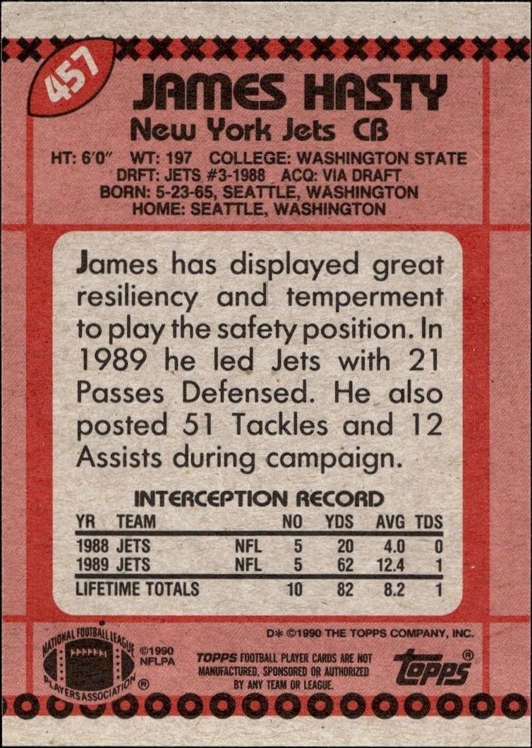1990 Topps James Hasty #457 football trading card back