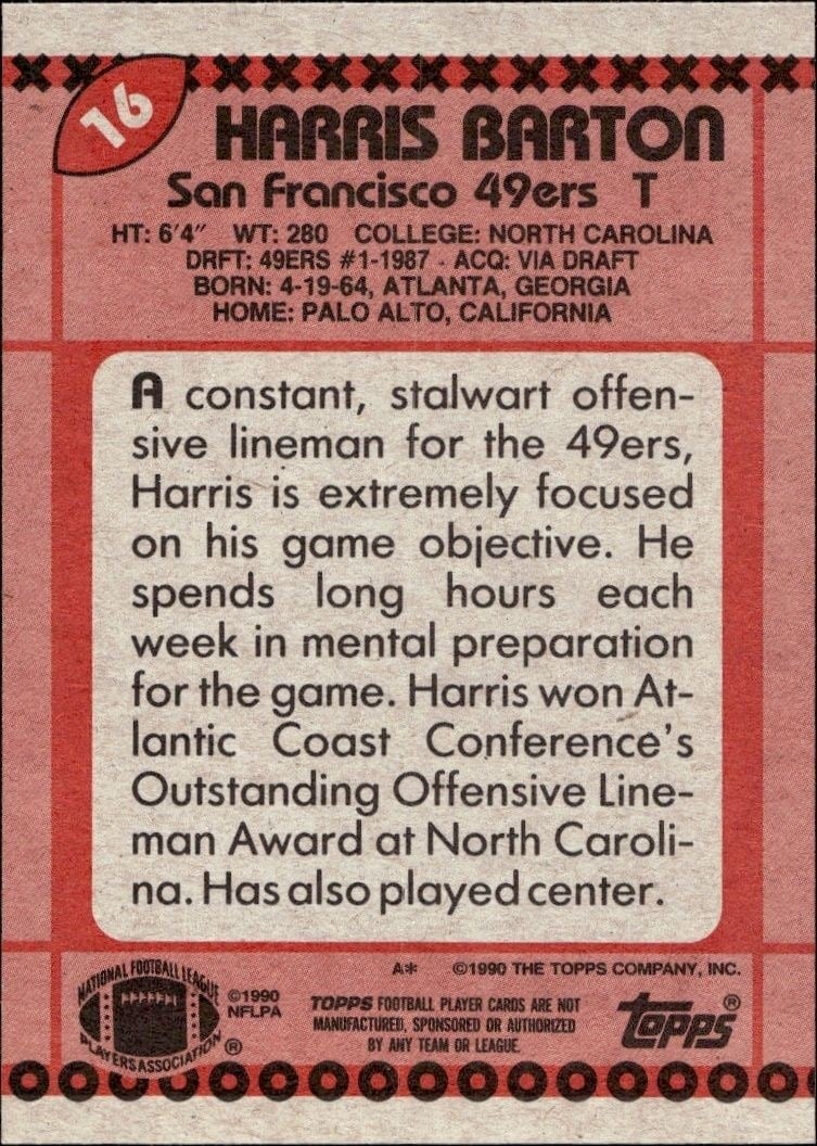 1990 Topps Harris Barton #16 football trading card back