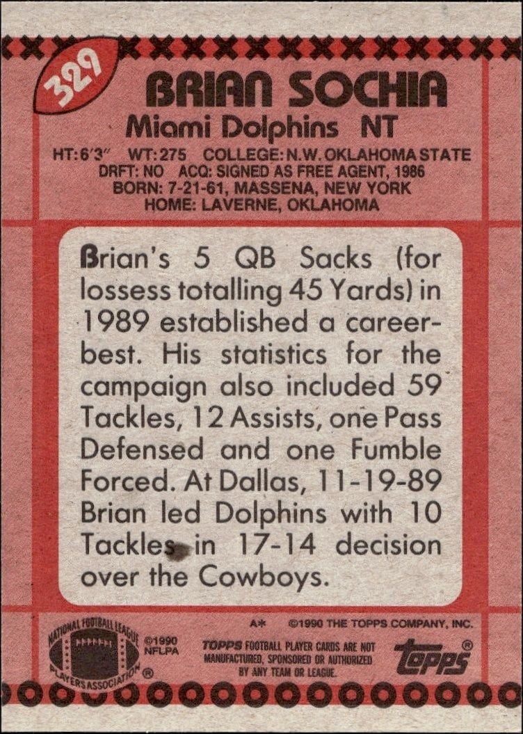 1990 Topps Brian Sochia #329 football trading card back