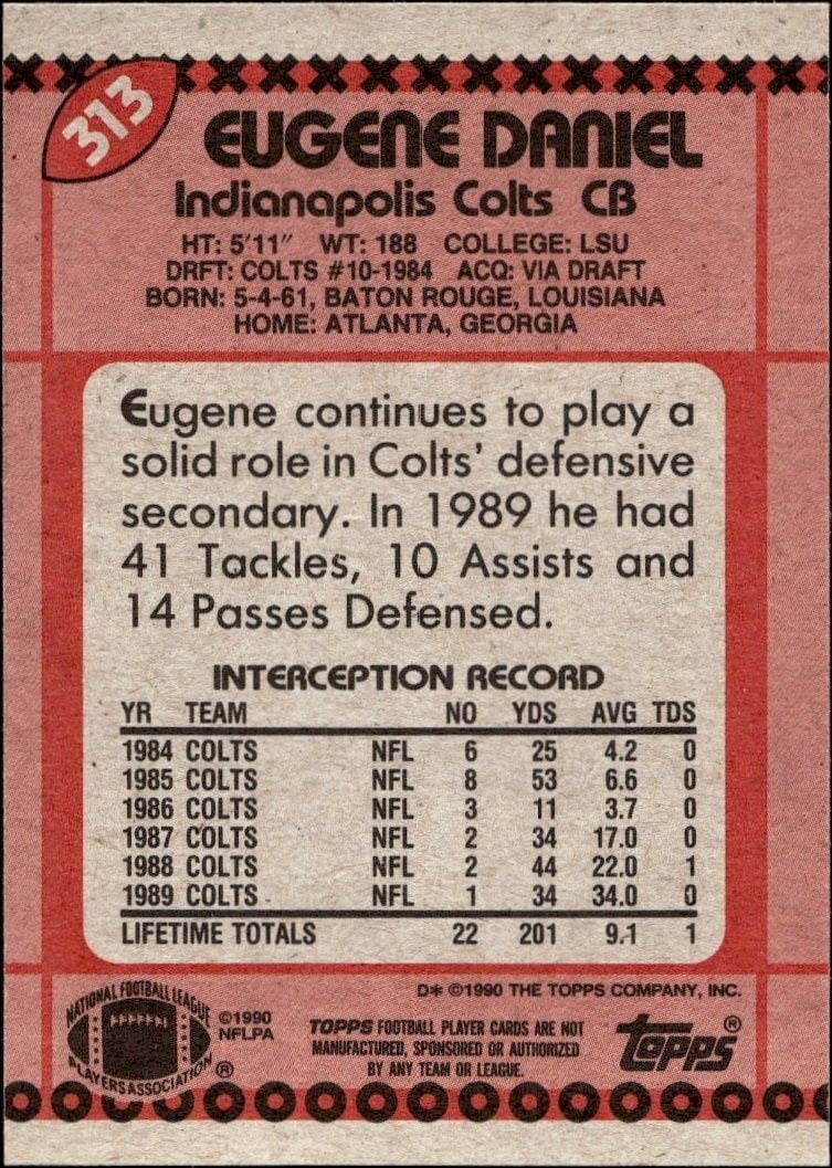 1990 Topps Eugene Daniel #313 football trading card back