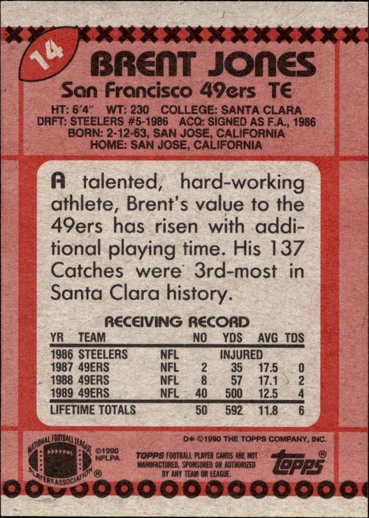 1990 Topps Brent Jones #14 football trading card back