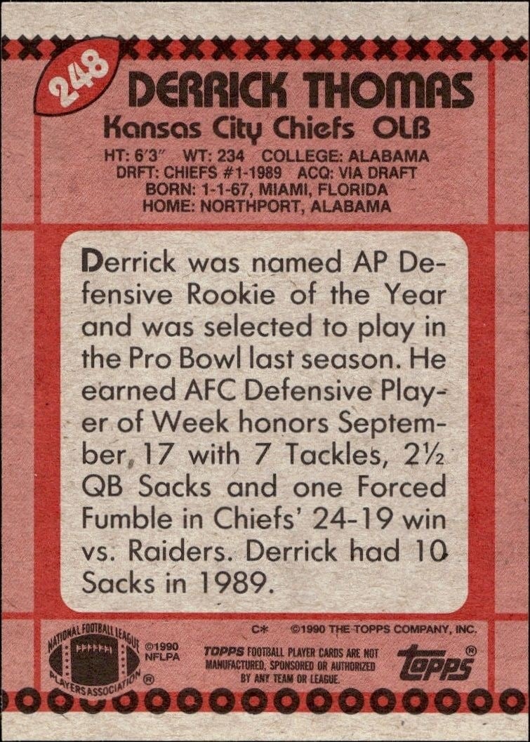 1990 Topps Derrick Thomas #248 football trading card back