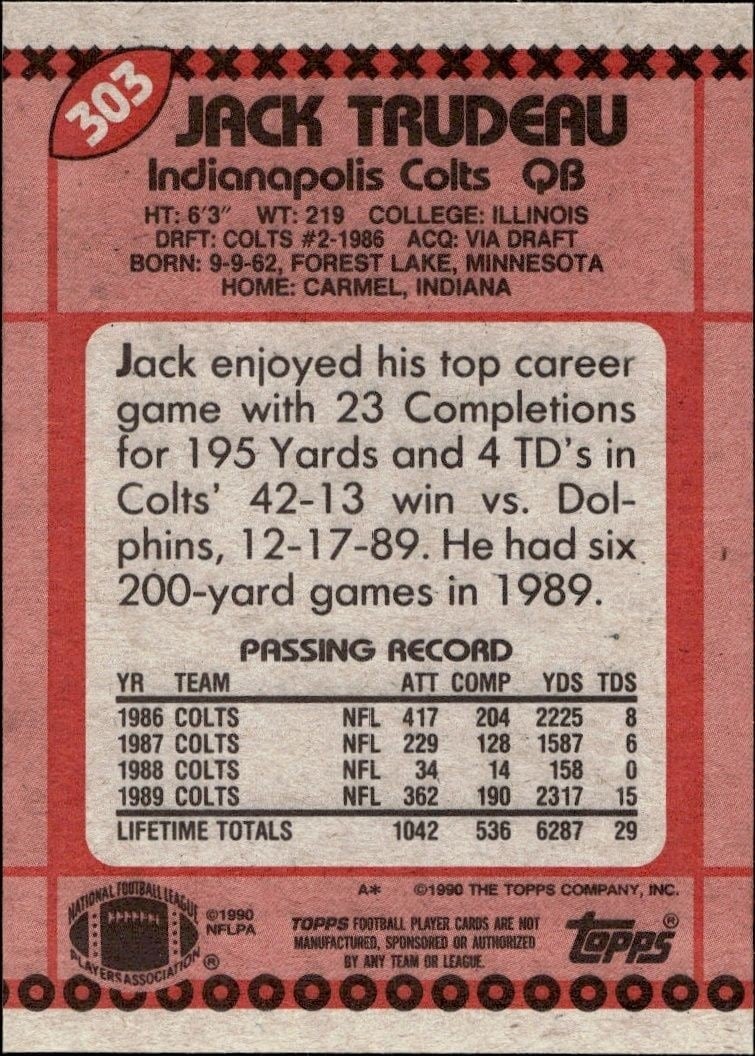 1990 Topps Jack Trudeau #303 football trading card back