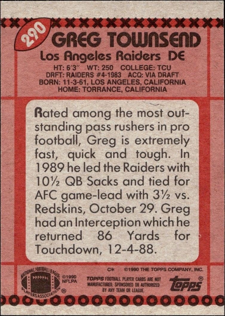 1990 Topps Greg Townsend #290 football trading card back