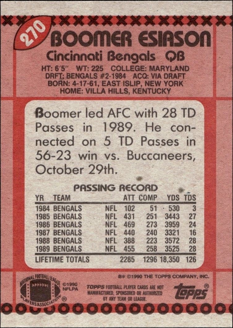 1990 Topps Boomer Esiason #270 football trading card back