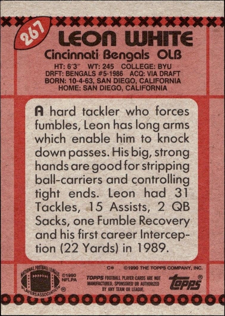 1990 Topps Leon White #267 football trading card back