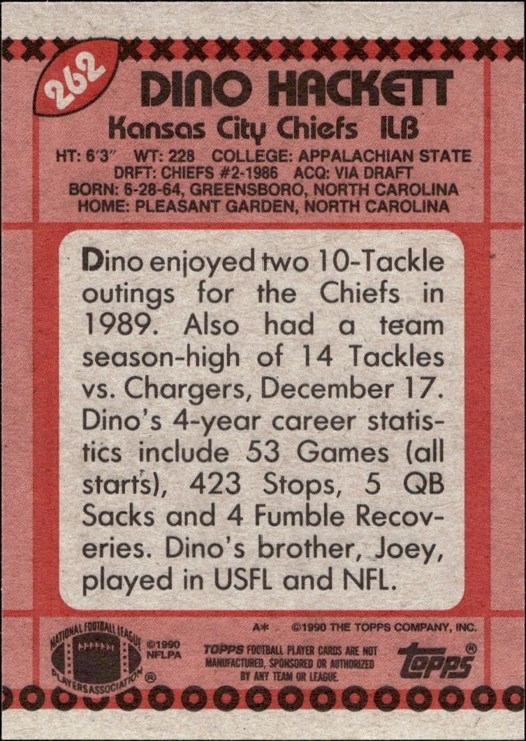 1990 Topps Dino Hackett #262 football trading card back