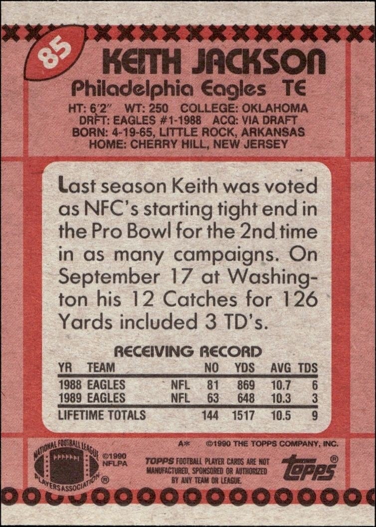 1990 Topps Keith Jackson #85 football trading card back