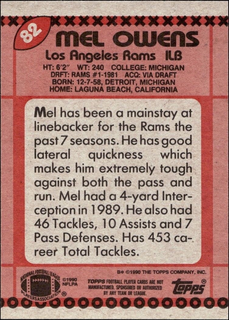 1990 Topps Mel Owens #82 football trading card back