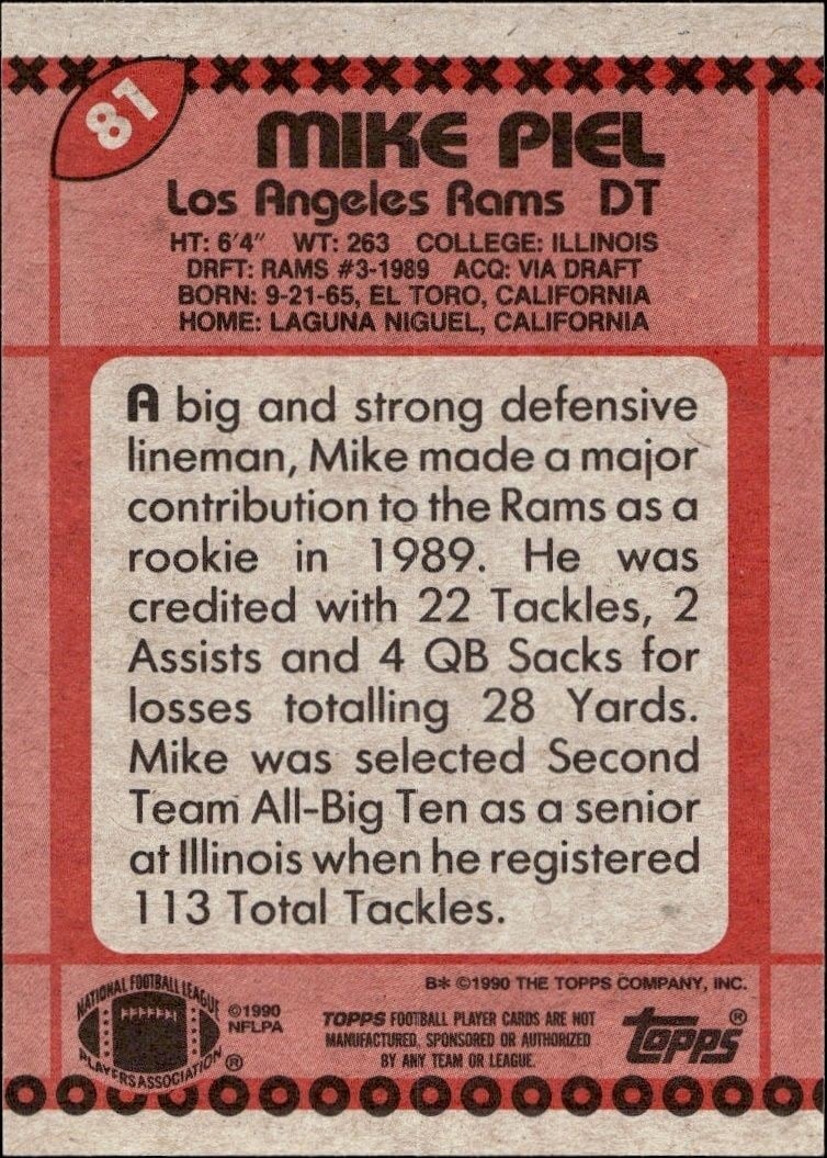 1990 Topps Mike Piel #81 football trading card back