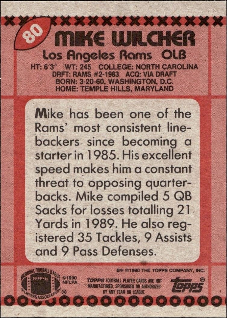1990 Topps Mike Wilcher #80 football trading card back