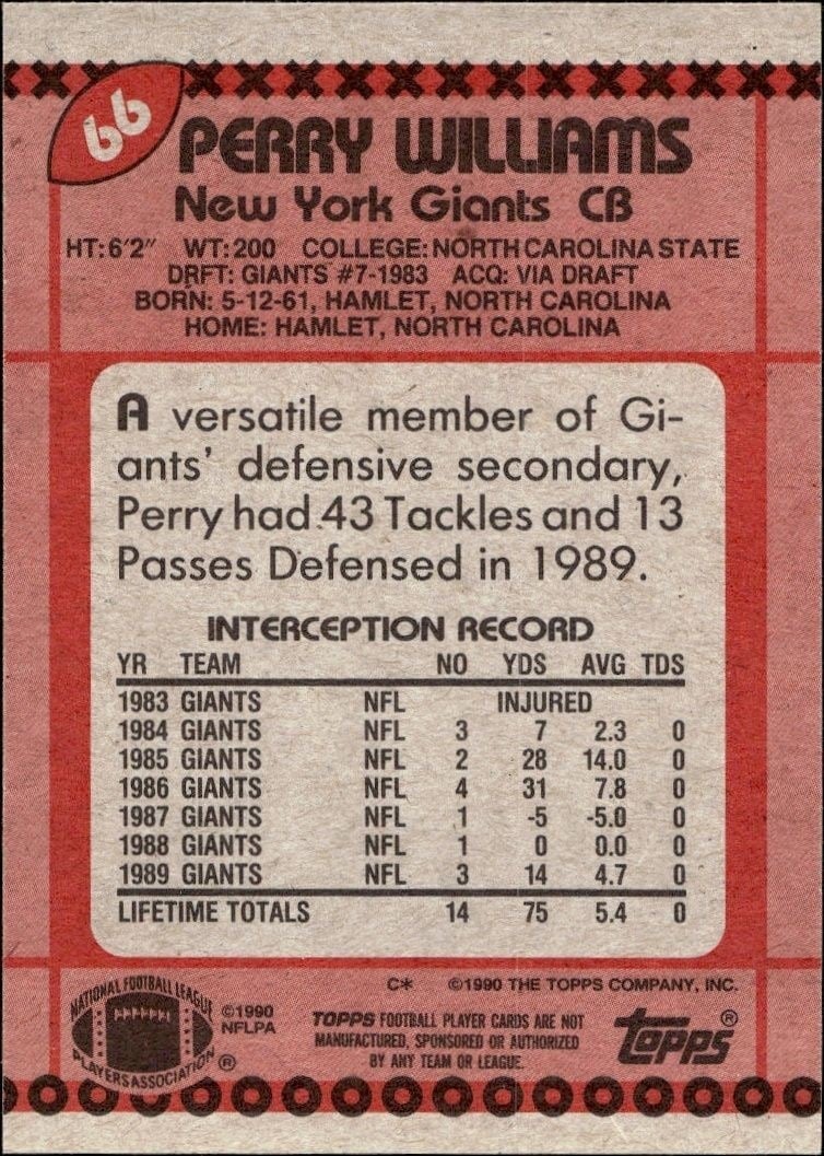 1990 Topps Perry Williams #66 football trading card back