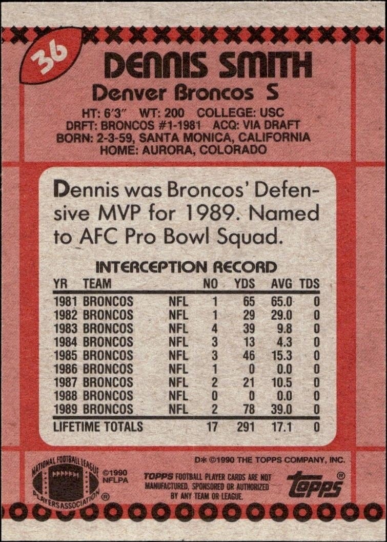 1990 Topps Dennis Smith #36 football trading card back