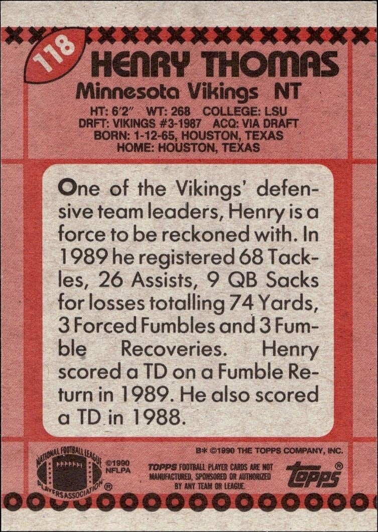 1990 Topps Henry Thomas #118 football trading card back
