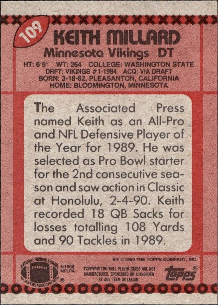 1990 Topps Keith Millard #109 football trading card back