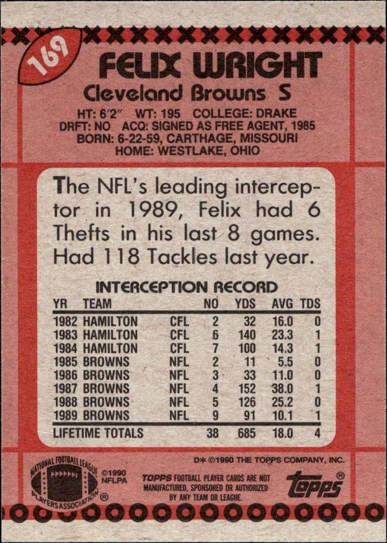 1990 Topps Felix Wright #169 football trading card back
