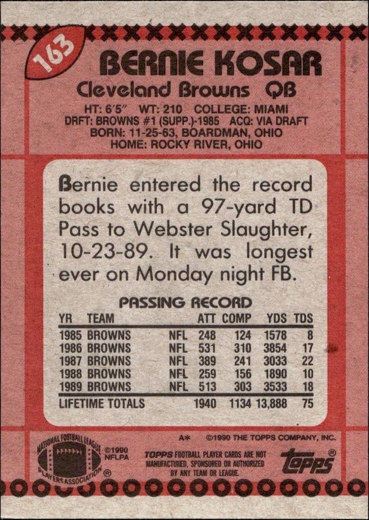 1990 Topps Bernie Kosar #163 football trading card back