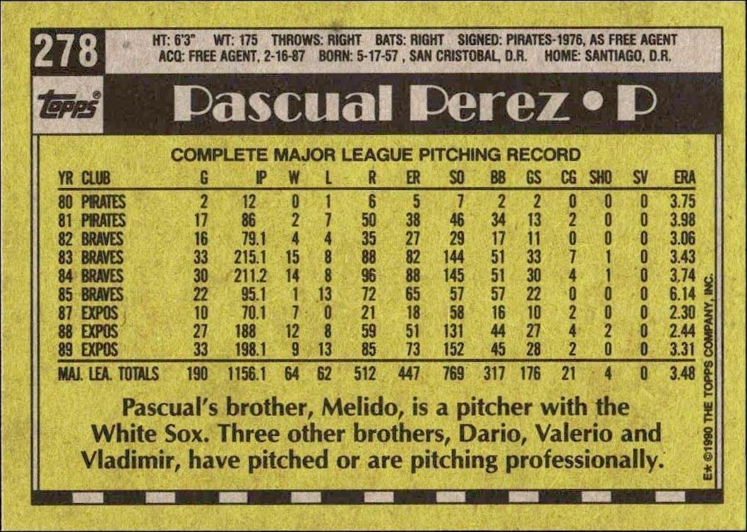 1990 Topps Pascual Perez #278 baseball trading card back