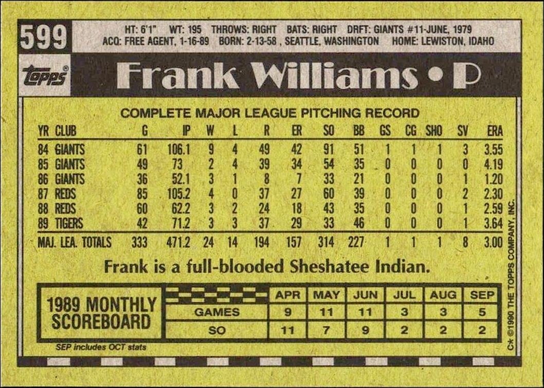 1990 Topps Frank Williams #599 baseball trading card back