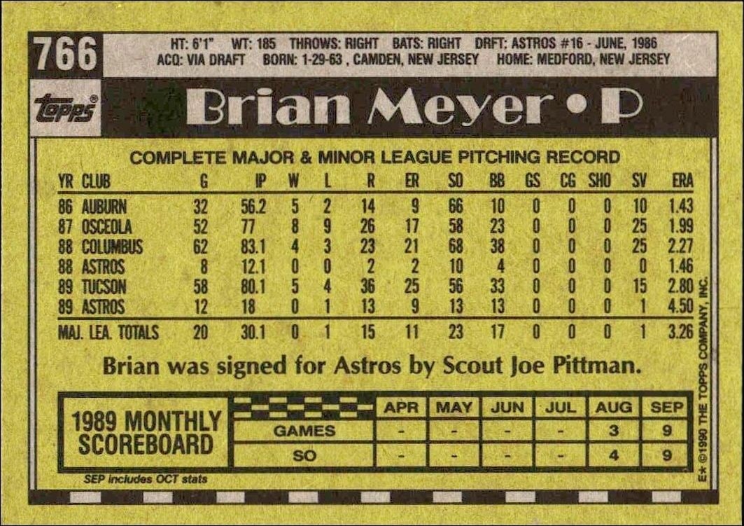1990 Topps Brian Meyer #766 baseball trading card back