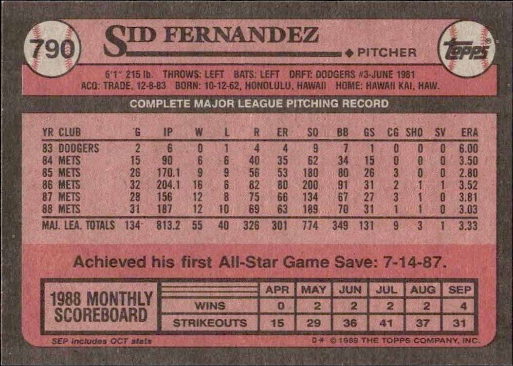 1989 Topps Sid Fernandez #790 baseball trading card back