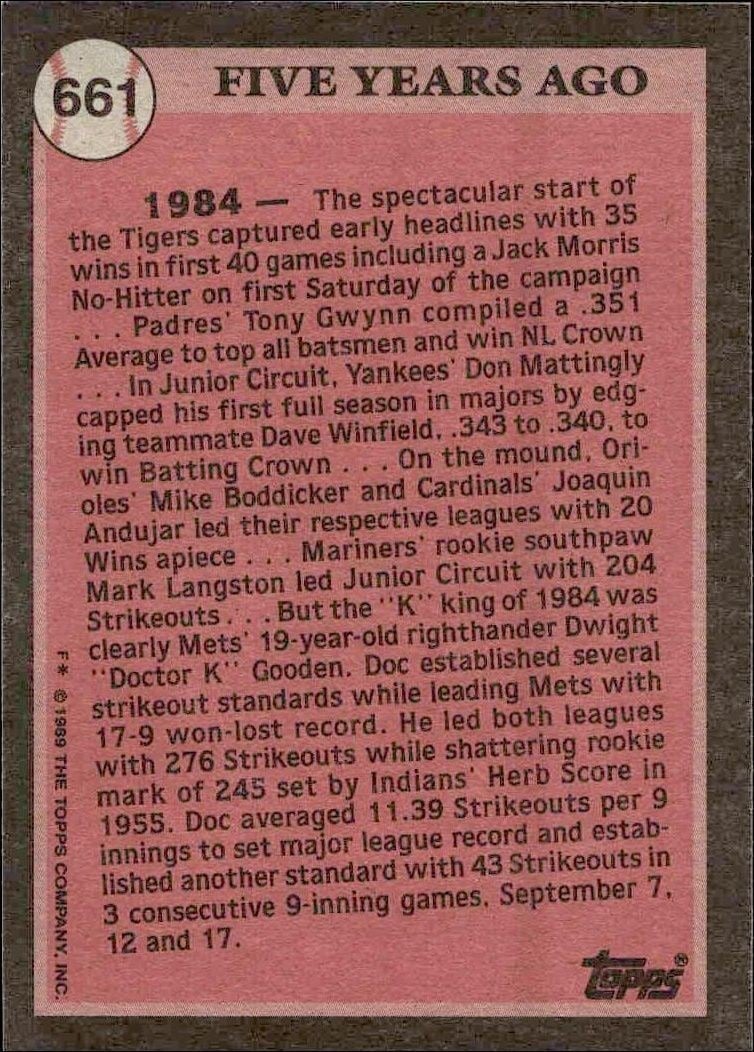 1989 Topps Dwight Gooden #661 baseball trading card back