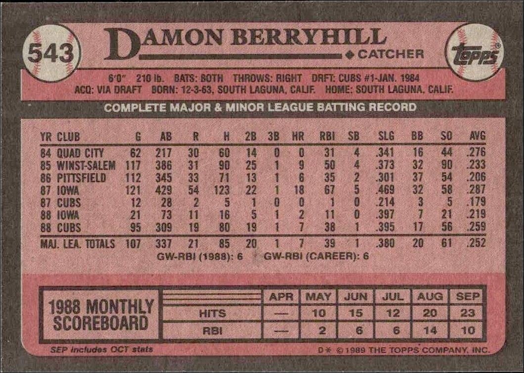 1989 Topps Damon Berryhill #543 baseball trading card back