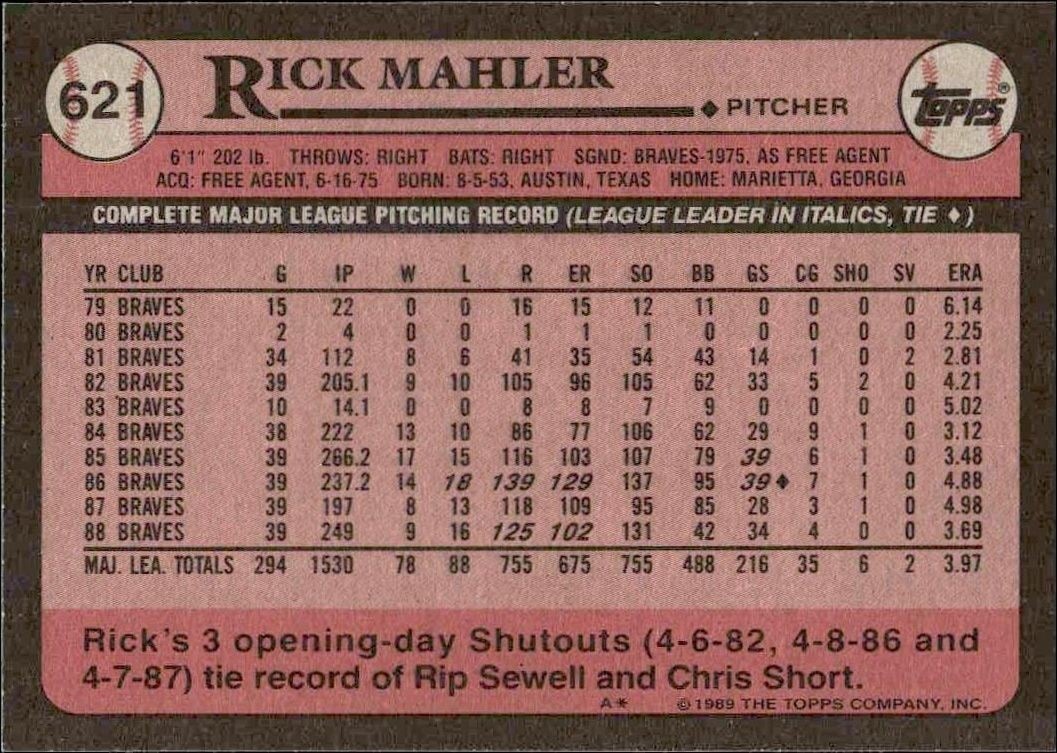1989 Topps Rick Mahler #621 baseball trading card back