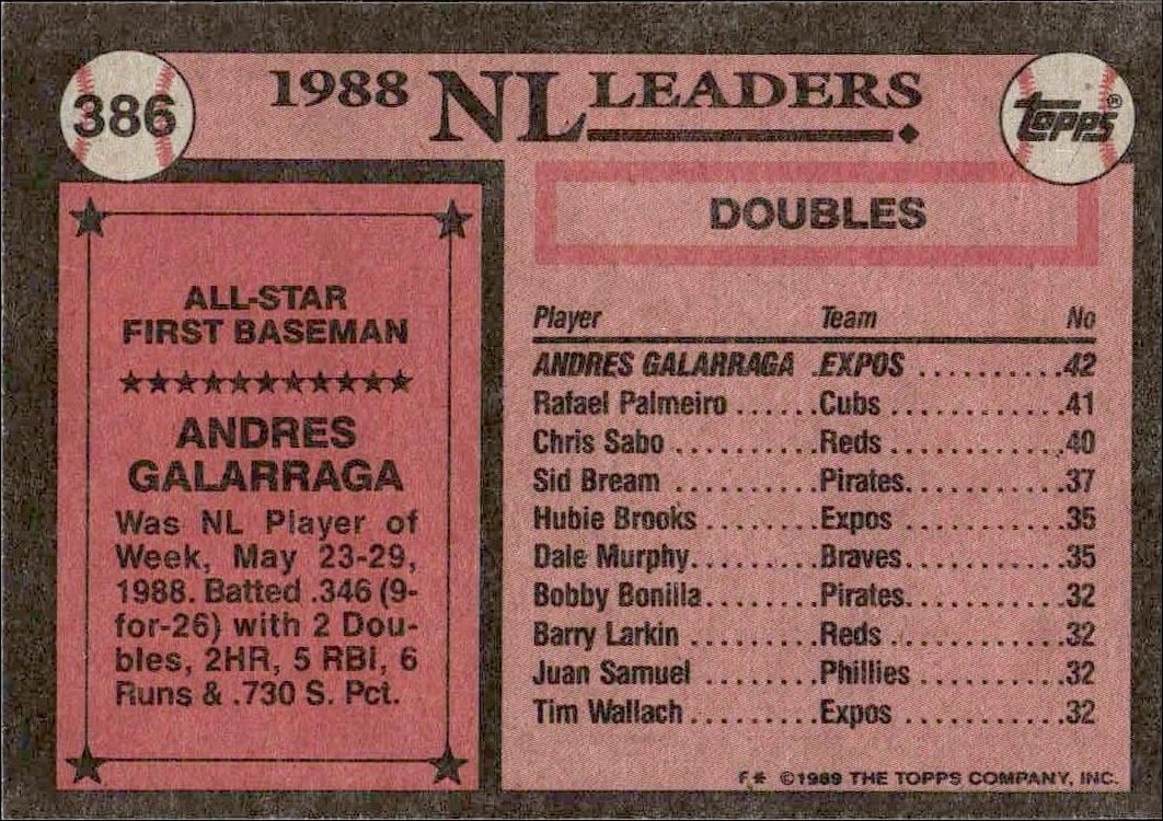 1989 Topps Andres Galarraga #386 baseball trading card back