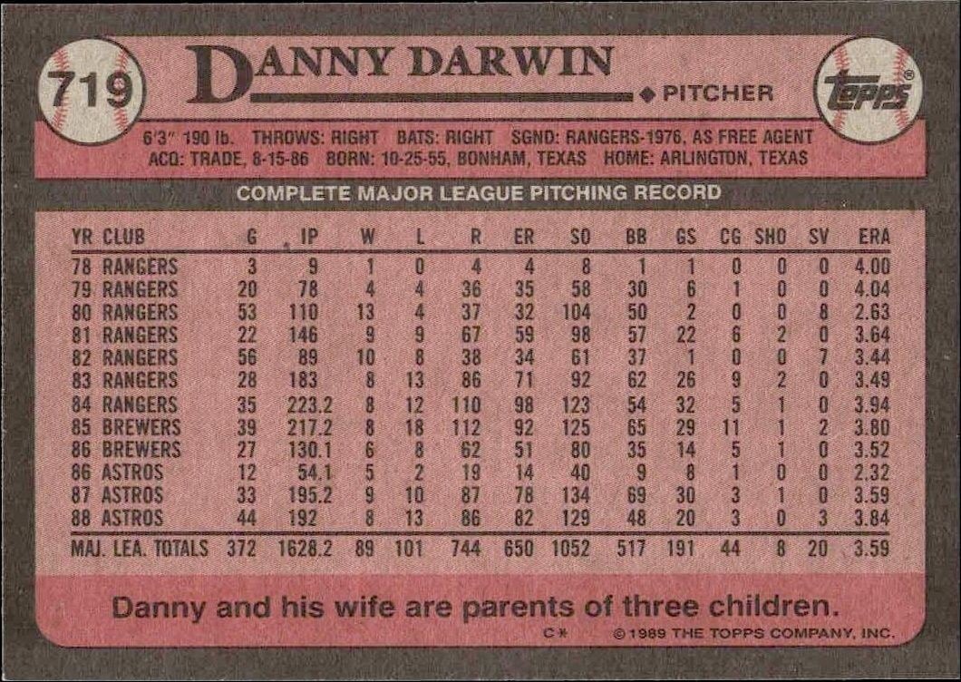 1989 Topps Danny Darwin #719 baseball trading card back