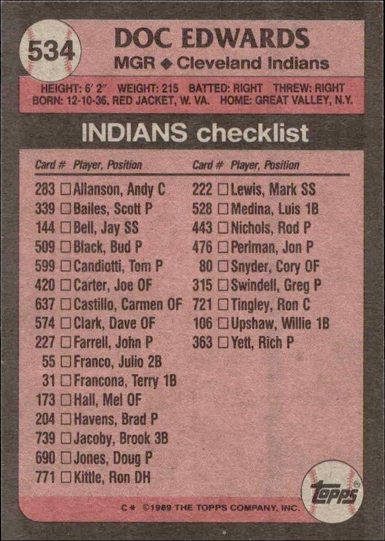 1989 Topps Doc Edwards #534 baseball trading card back