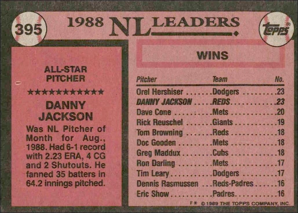 1989 Topps Danny Jackson #395 baseball trading card back