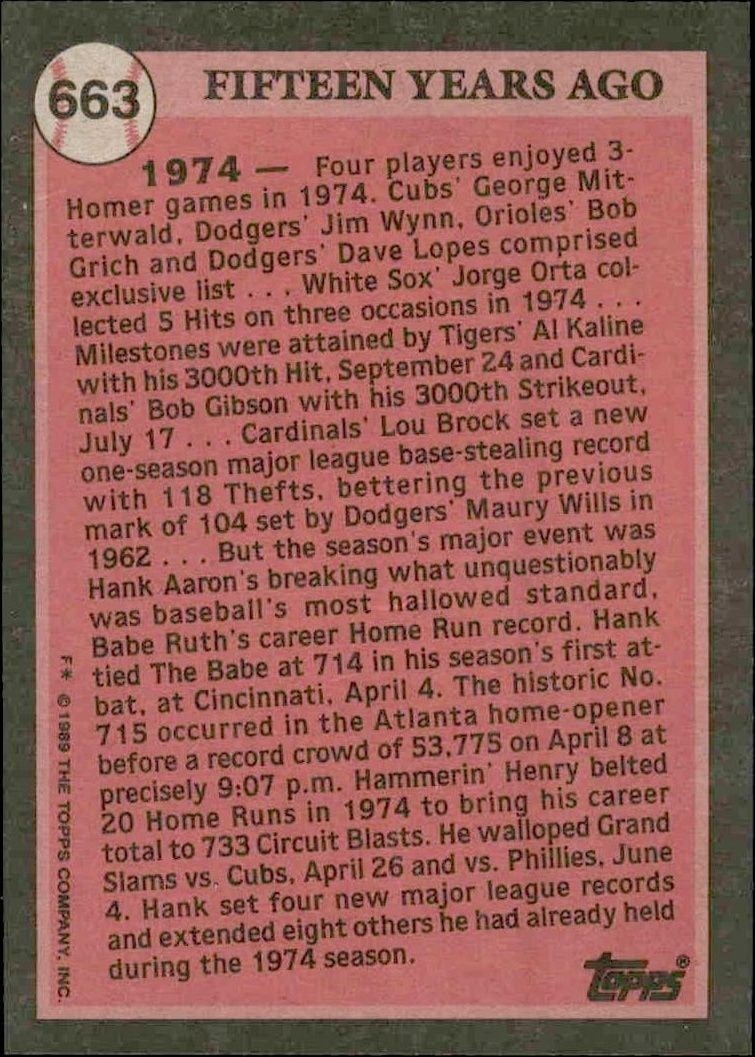 1989 Topps Hank Aaron #663 baseball trading card back