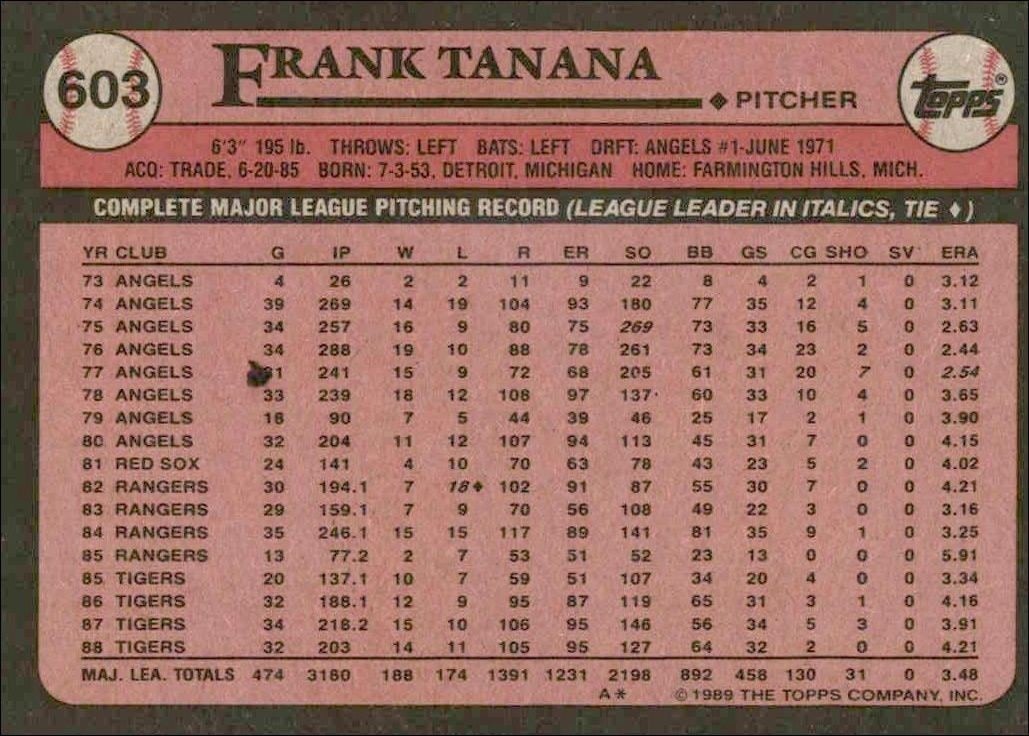1989 Topps Frank Tanana #603 baseball trading card back