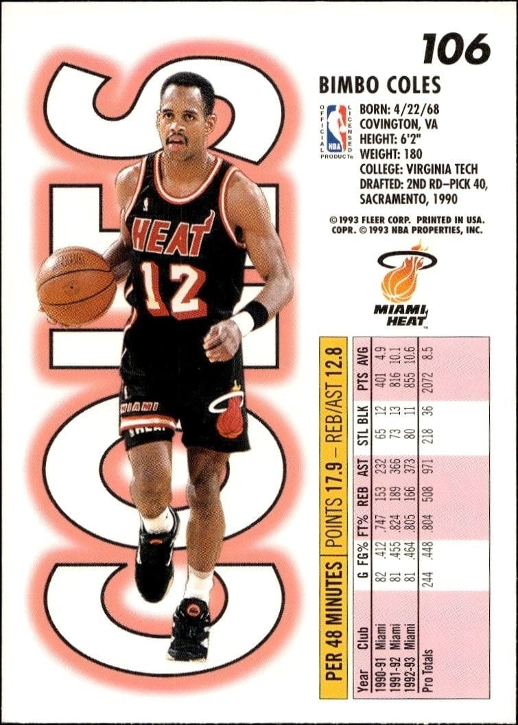 1993-94 Fleer Bimbo Coles #106 basketball trading card back