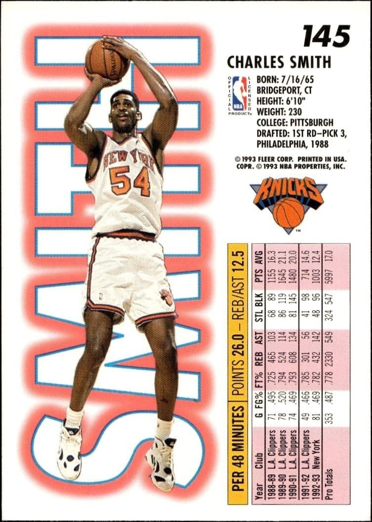 1993-94 Fleer Charles Smith #145 basketball trading card back